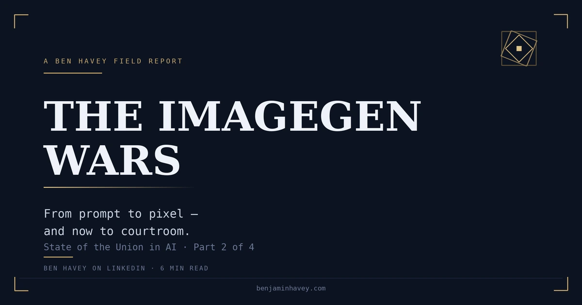 The ImageGen Wars — a dark navy title card reading 'From prompt to pixel — and now to courtroom.' State of the Union in AI, Part 2 of 4.