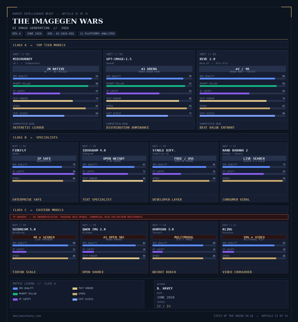The ImageGen Wars: 11 platforms analyzed across image quality, prompt following, IP safety, text rendering, speed, and cost access. Class A: Midjourney, GPT-Image-1.5, Reve 2.0. Class B: Firefly, Ideogram 4.0, Stable Diffusion, Nano Banana 2. Class C: Seedream 5.0, Qwen IMG 2.0, HunyuanImage 3.0, Kling.