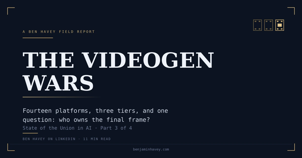 The VideoGen Wars — a dark navy title card reading 'Fourteen platforms, three tiers, and one question: who owns the final frame?' State of the Union in AI, Part 3 of 4.
